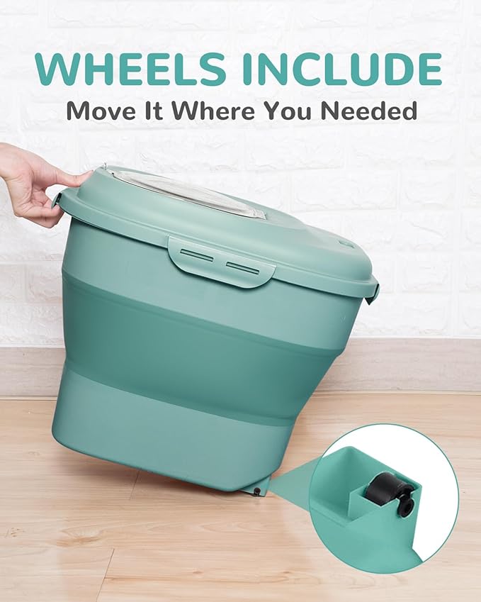 DDMOMMY 30-35 Lbs Dog Food Storage Container Collapsible Dog Food Container with Airtight Lids, Wheels, Scoop and 2pcs Food Storage Containers, Large Pet food storage for Dog, Cat (Green)