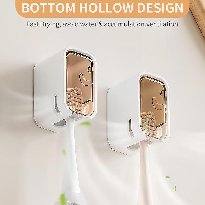Wall Mounted Toothbrush Holders for Bathroom, 2 Pcs Strong Self Adhesive Tooth Brush Holder with Cover, Toothbrush Heads Organizer for Family, Brown