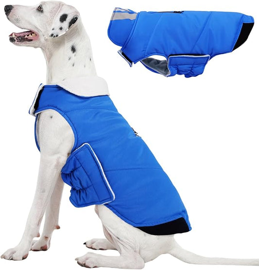 Kuoser Dog Winter Coat Cold Weather Reflective Waterproof Dogs Jacket, Warm Fleece Lined Turtleneck Doggy Vest with Zipper, Dog Snow Jacket Pet Apparel for Small Medium Large Dogs, Blue XL