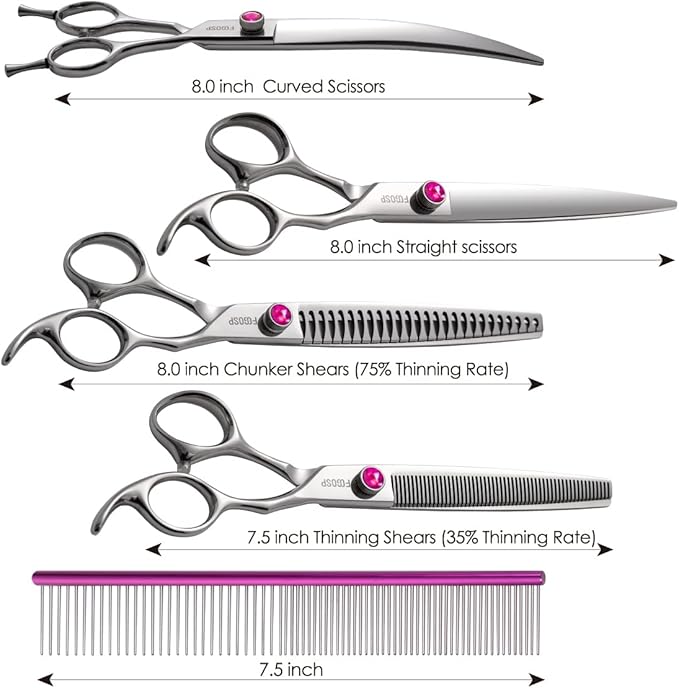 Dog Grooming Scissors Kit 8 in Professional Curved Thinning Straight Chunker Shears and Comb 5pcs Set for Grooming Big Dogs Poodle Pet Japan 440C Stainless Steel(8.0'',Kit)