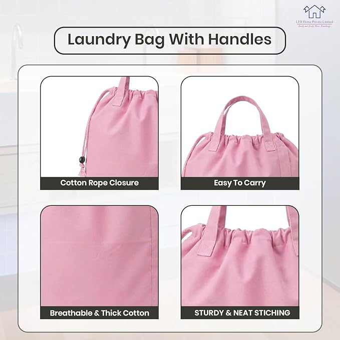 LFH Home Large Premium 1pack Cotton Canvas Laundry Bag with Drawstring and Handles Heavy Duty, Multi-Use, Washable for Home, Travel, College or Storage 20x30-Pink