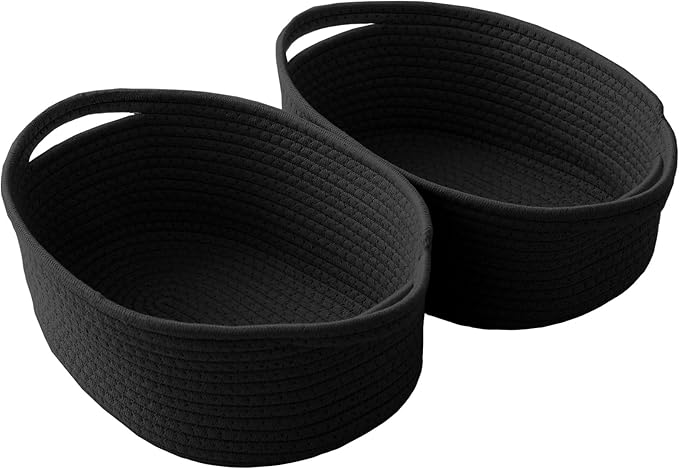 JMvicyroam Woven Basket,Small Rope Storage Bin with Handles & Ribbon Bag, Organizer for Shelves Closets,Gift Basket Empty for Birthday,Books,Dog Toys, Black/2 Pack