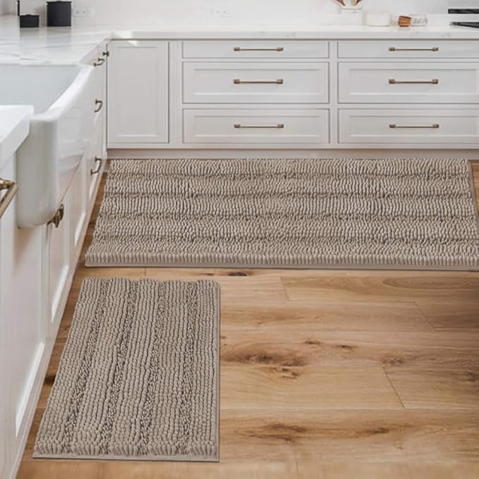 H.VERSAILTEX 2 Piece Bathroom Set - Super Absorbent Chenille Striped Bath Mats, Non Skid, Machine Washable (Taupe, 47 x 17 Plus 17 x 24 - Inches)