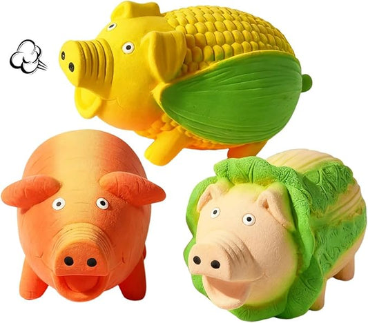 ChubbyPiggies 3-Pack Squeaky Vegetable - Shaped Pig Dog Toys with Grunts & Oinks,Durable Rubber Puppy Chew Toys with Interactive Latex Design