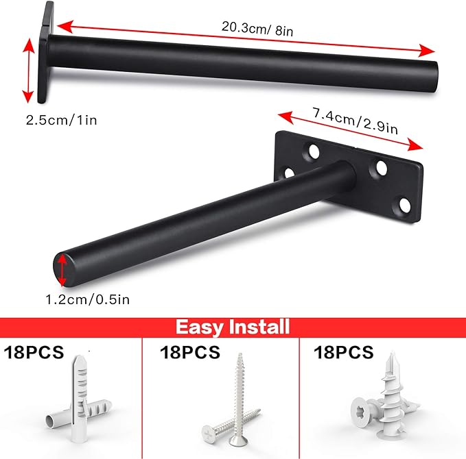 Hidden Floating Shelf Brackets Hardware - 8 Inch Heavy Duty Invisible Support for Shelves Eco Rustproof Black Finish Solid Stainless Steel with Screws and Plugs for Drywall Brickwall(4Pack)