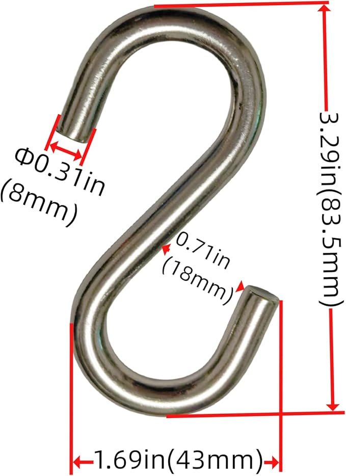 304 Stainless Steel S Hook, S Hook Metal Hanging Practical Hook Connecting Hook for Item Hanging (Dia:5/16in(8mm)-4PCS)