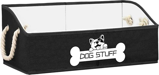 Collapsible Fabric Dog Toy Box and Storage Bin With Handle - Trapezoid Basket Chest Organizer for Pet Toys, Blankets and Accessories, Black