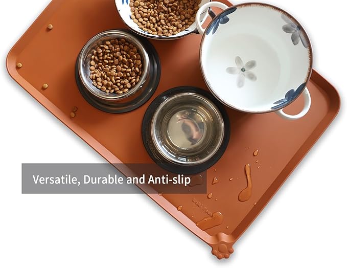 Hoki Found Large Silicone Non Slip Pet Feeding Mats - Waterproof Dog Cat Bowl Mats - Caramel