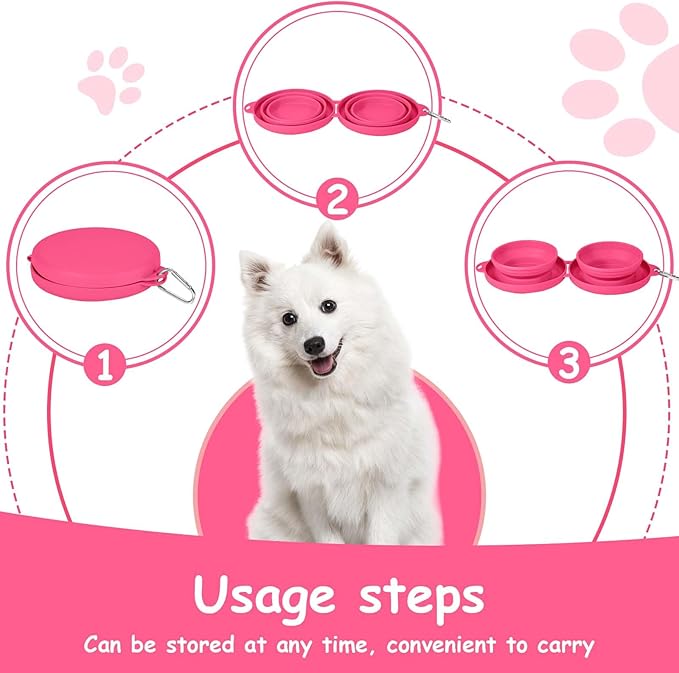 PNEUICALLY Collapsible Dog Water Bowl 2 in 1 Foldable Pet Food and Water Bowl Portable Cats Dishes with Carabiner Clip for Traveling Hiking Camping Walking (Pink)