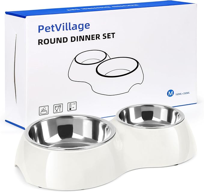 PetVillage Double Dog Bowls Set – Non-Slip Pet Food & Water Dishes with Resin Stand, Includes Small (1 Cup) & Medium (2 Cups) Bowls – Ideal for Puppies and Cats – White
