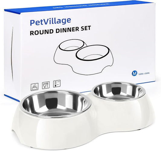 PetVillage Double Dog Bowls Set – Non-Slip Pet Food & Water Dishes with Resin Stand, Includes Small (1 Cup) & Medium (2 Cups) Bowls – Ideal for Puppies and Cats – White