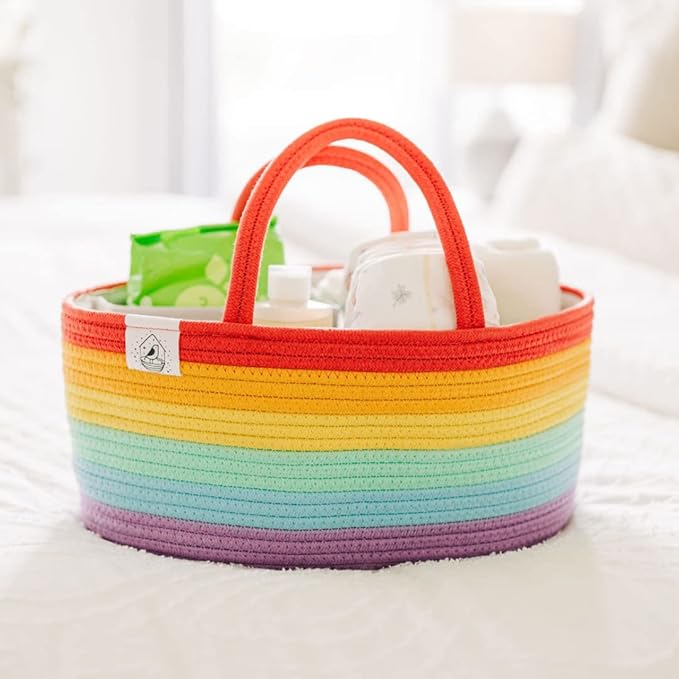 OrganiHaus Rainbow Nursery Storage Basket, Cotton Rope Toy & Diaper Caddy Organizer with Handles, Baby Diaper Organizer, Foldable Design, Machine Washable, Ideal for Baby Room & Laundry