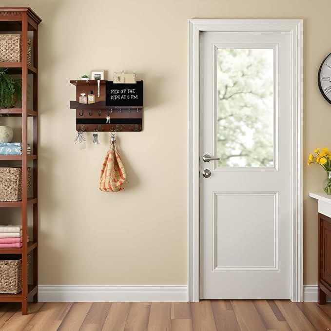 Key Holder for Wall Mount with Shelf and Mail Organizer, Key and Mail Holder with 16 Hooks, Farmhouse Entryway Organizer, Home Decor Rack(Pine Wood, Brown)