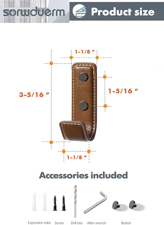 4 Pack Brown Leather Coat Hooks Wall for Hanging Rectangle Coat Hooks for Hanging Robe Towels Bags Hats Scarf Keys Clothes Suitable for Bedroom, Entryway and Closet