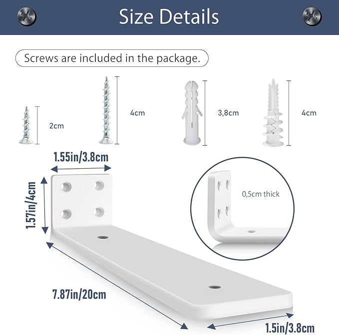 MLOQI 4 Pack Floating Shelf Bracket Heavy Duty, Hidden Shelf Brackets 5mm Thick L Brackets for Shelves up to 50 KG (White 20cm)