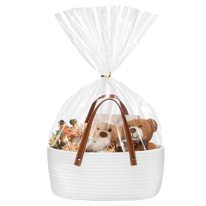 Valentine's Day Empty Woven Gift Basket with PU Leather Handle and Bag 12" x 8" x 5"Cotton Rope Basket Organizer for Pet Toy Storage Baby Shower Birthday Party Wrapping Gift(12*8*5 Inch)