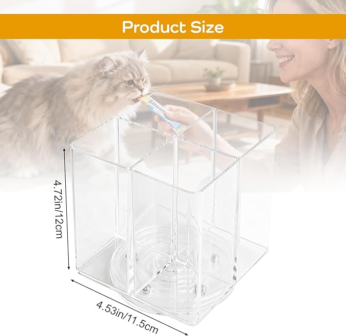 Lickable Cat Treats Organizer, Lazy susan Acrylic Squeeze Up Cat Food Storage Container, Essential storage for pet treats, Wet Cat Treats Storage for Kitchen Cabinet Pantry Shelf Countertop（Square）