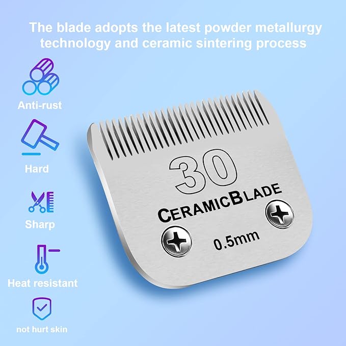 DODAER 2 Pack Detachable Pet Dog Clipper Blades, Compatible with Andis,Most Oster A5, Wahl KM Series Clippers,Made of Ceramic Blade & Stainless Steel Blade（#30 Blade 1/50-Inch 0.5MM Cut Length）