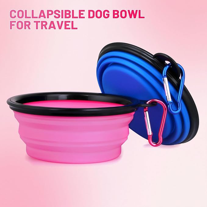 Dog Bowl Pet Collapsible Bowls, 2 Pack Collapsible Dog Water Bowls for Cats Dogs, Portable Pet Feeding Watering Dish for Walking Parking Traveling with 2 Carabiners (Small, Bule+Pink)