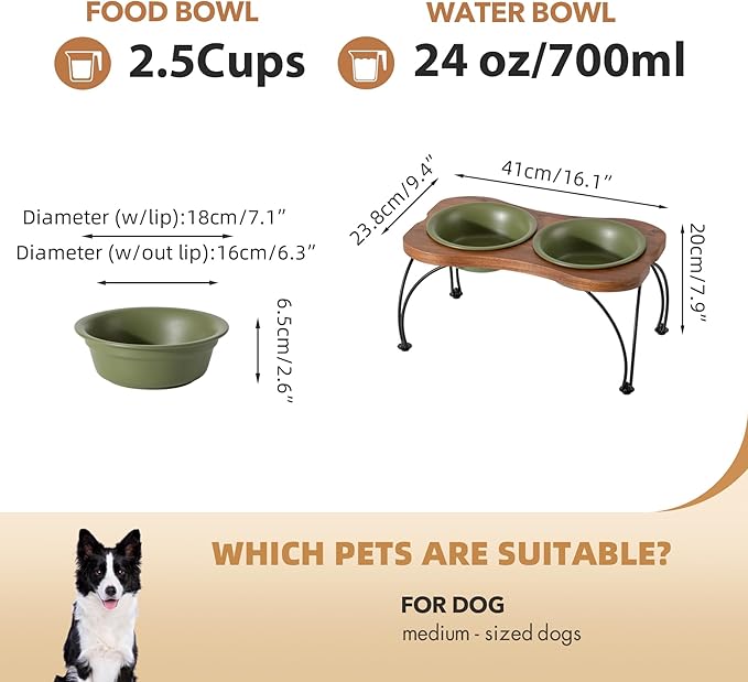 Ceramic 7.1-inch Raised Double-Bowl Set with Non-Slip Stand, 2.5 Cup Food or 24 oz Water Dishes for Medium and Dogs, Wide Opening with Rounded Edges(Olive Green)