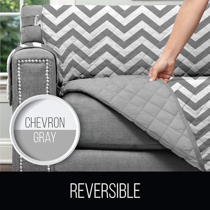 Sofa Shield Couch Slip Covers for Dogs, Reversible Furniture Protector with Strap, Stain and Tear Resistant Cushion Cover, 78 inch Seat, Machine Washable Slipcover Pets, Cats, Chevron Gray