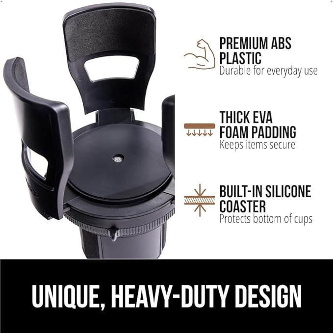 GORILLA GRIP Car Cup Holder Expander, Keeps Large Drink Cups Secure, Expander Fits Yeti, HydroFlask, Stanley 18 to 48oz, Stocking Stuffer, Gifts for Men, Women, Adjustable Arms and Base, Black
