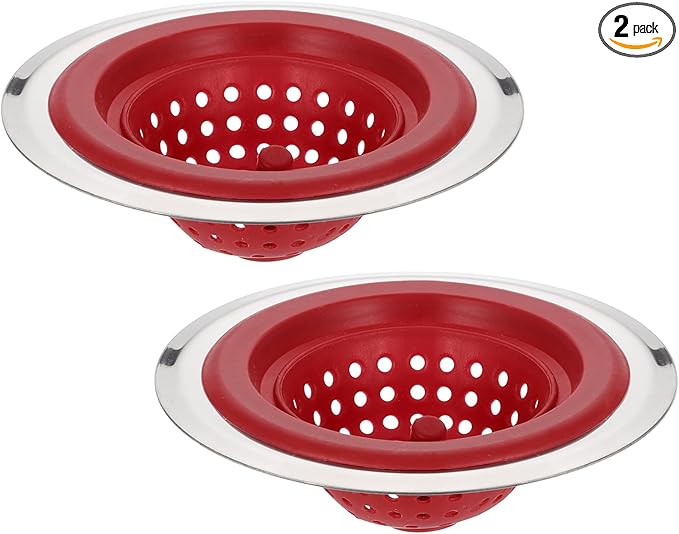 uxcell Silicone Sink Strainer, 2Pcs Kitchen Sink Drain Strainer Stopper with Detachable Stainless Steel Edge 4.4" Diameter Rim, Red