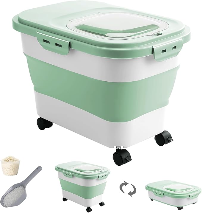 DDMOMMY 20-30 Lbs Rice Storage Container,Collapsible Food Storage Containers with Rolling Wheel Airtight Locking Lid,Flour Storage Container with Cup and Scoop,Suitable for Food,Rice,Pet Food,Flour