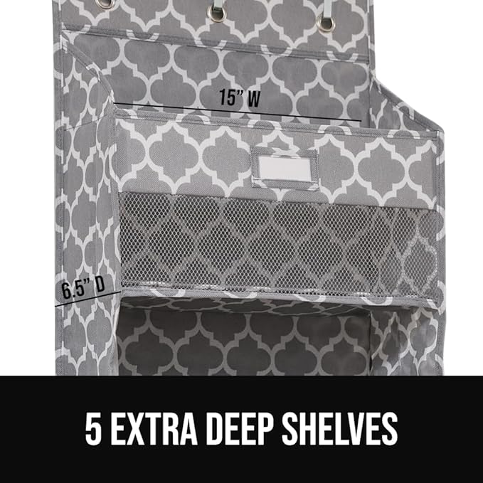 GORILLA GRIP Large Capacity Closet Organizer, 5 Deep Shelves, Holds 50lbs, Over the Door Organizers 6 Mesh Pockets, Shelf Storage for Clothes Crafts Essentials, 3 Metal Hooks, 58x15 Inches, Quatrefoil