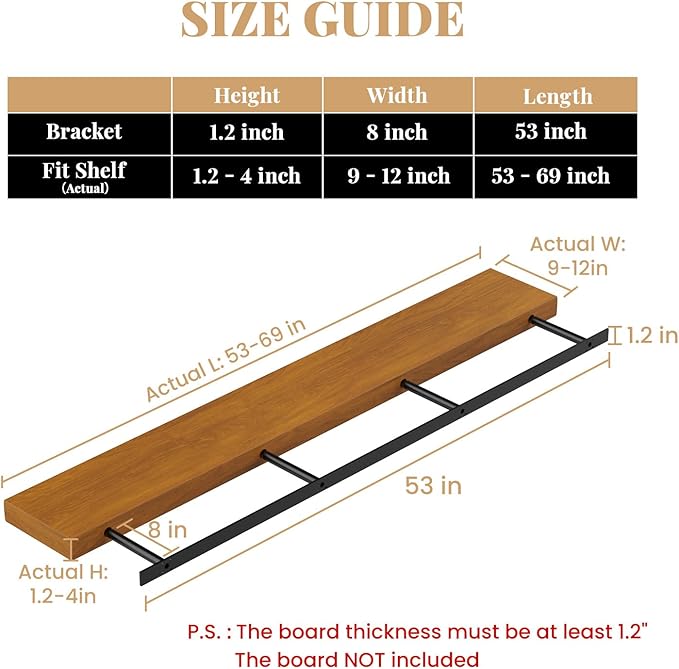 Floating Shelf Bracket Heavy Duty Shelving Brackets,Decorative Floating Shelf Hardware Black,Hidden Metal Shelf Support Bracket Heavy Duty Floating Mantel Bracket (53X8X1.2-Starter Jig)