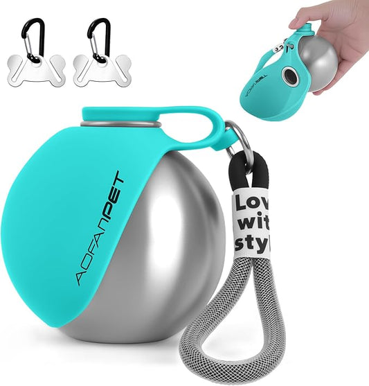 Portable Dog Water Bottle 10oz Stainless Steel Travel Dog Water Dispenser with Bowl No-Spill Puppy Water Bottle for Walking Hiking Small Dog Water Bottle, Includes Waste Bag Holder
