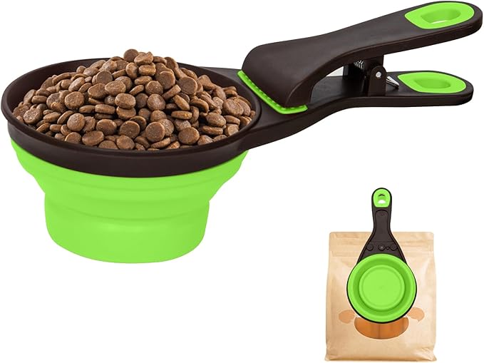 PNEUICALLY Collapsible Silicone Dog Food Scoop Foldable Pet Food Measuring Cup with Bag Clip 3 in 1 Multi-Function Silicone Dog Food Scooper (Green, Medium)