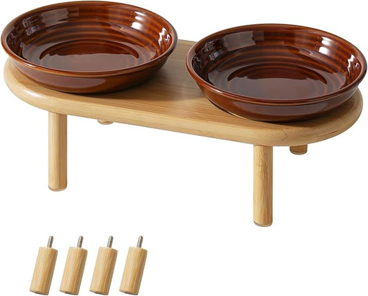 Elevated Ceramic Cat Dish, Wide Whisker Friendly Anti-Slip Food & Water Bowl with 2 Heights Adjustable Stand - Pet Bowl Set for Cats (2 Dishes +Stand, Caramel Brown)