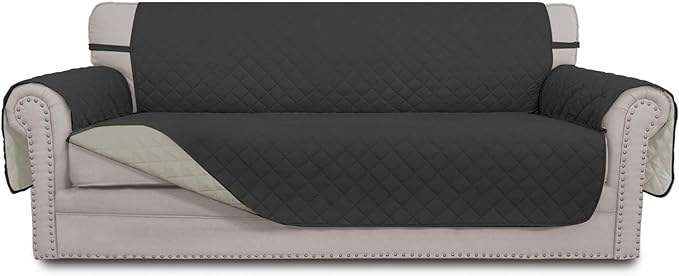 Easy-Going Reversible Oversized Couch Cover for 3 Cushion Couch Sofa Cover for Dogs Water Resistant Furniture Protector Cover with Foam Sticks for Pet (Oversized Sofa, Darkgray/Beige)