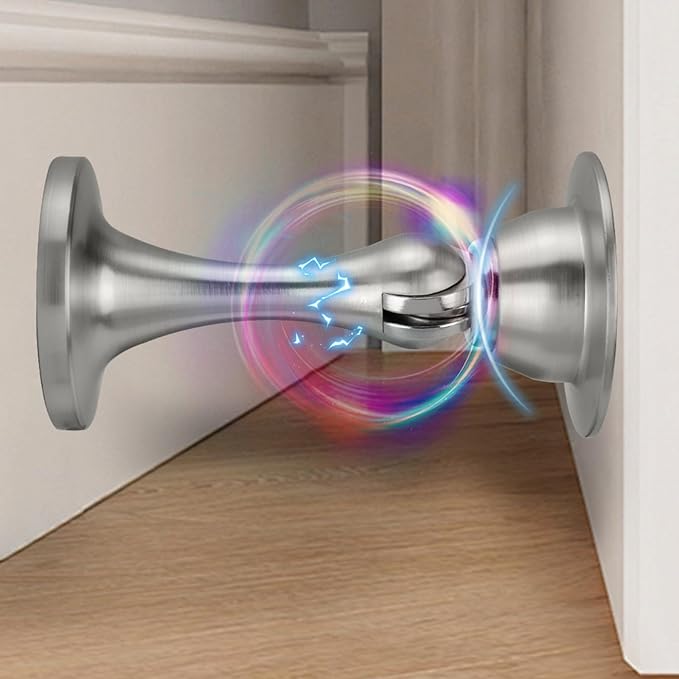 Bak Bo 2 Pack Magnetic Door Stopper, Strong Magnetic Door Holder Keep Door Open, Zinc Alloy Door Catch for Wall & Floor Mounting, No Drilling Door Stop with Adhesive Brushed Nickel