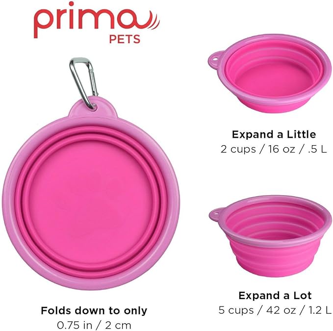 Prima Pet Collapsible Silicone Water Travel Bowl with Clip for Dog and Cat, Portable and Durable Pop-up Feeder for Convenient On-The-go Feeding – Size: Large (5 Cups) Pink