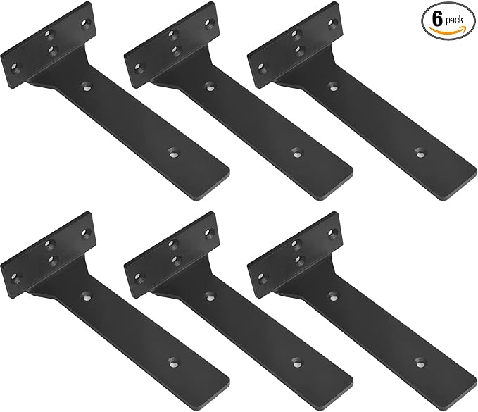 Floating Shelf Brackets, 10 inch Heavy Duty Industrial Fancy Shelf Bracket, Black Metal L Brackets for Shelves Support DIY with Hardware(6 Pack)