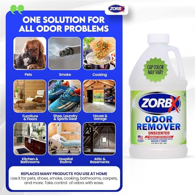 ZORBX Unscented Odor Eliminator for Strong Odor 64 oz - Used in Hospitals & Healthcare Facilities - Advanced Trusted Formula, Fast-Acting Odor Remover Spray for Dog, Cat, House & Carpet