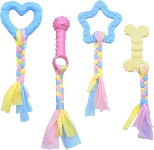 Puppy Teething Toy Set, 4 PCS Soft Rubber Dog Chew Toys with Cotton Ropes Puppy Chew Toys for Oral Teeth Soothe Itching (3 Colors)