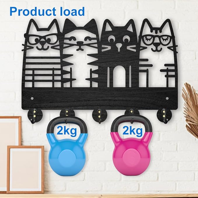 MAYJOYDIY Cat Coat Hooks Wall Mount 4 Cat Wearing Glasses Wood Key Holder for Wall 11.8×7.9inch Black Pet Animal Wall Art Decor Key Hooks 5 Alloy Hooks for Gift Entryway Living Room Kitchen Office