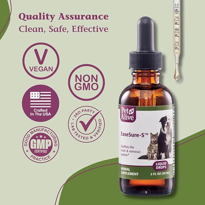 PetAlive EaseSure-S - Dog and Cat Calming Drops - Herbal Pet Supplement to Relax and Reduce Involuntary Muscle Movements, Twitching - Care for Cats and Dogs - 59 mL