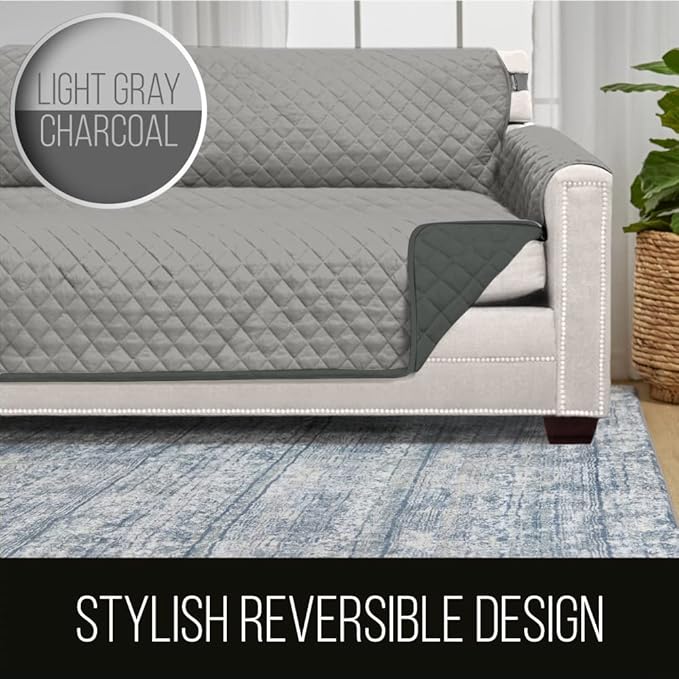 Sofa Shield Armchair Slip Cover with Patented Strap, Cushion Protector, US Designed Reversible Stain and Dog Tear Resistant Slipcover, 23 inch Seat, Washable Covers for Dogs Pets, Light Gray Charcoal