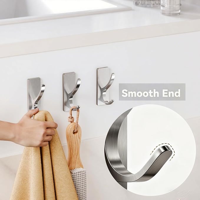 pickpiff Self Adhesive Coat Hooks for Hanging: Heavy Duty Stainless Wall Hook for Towel, Utensil, Backpack, Hat, Sturdy Metal Hanger for Bathroom, Kitchen, Door, Brushed Nickel, 6-Pack