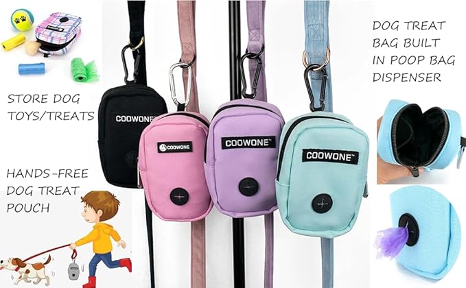 COOWONE Small Dog Treat Bag, Portable Dog Treat Bag for Leash with Clip, Puppy Training Bags Built in Poop Bag Dispenser, Pocket Sized Dog Treats Pouch, Doggie Snack Rewards Bag, Dog Treat Carrier