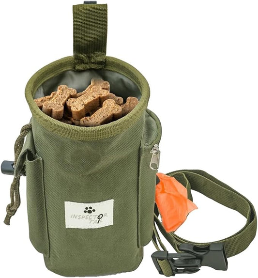 INSPECTOR TAIL Dog Treat Pouch w Drawstring to Prevent Spills | 2 Cup Tote | Hands Free w 4 Ways to Wear Puppy Bag w Pockets for Snacks Poop Bags Keys & Cards | Pet Training Walking & Rewarding Holder