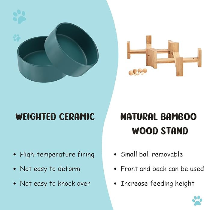 SPUNKYJUNKY 15° Slanted Ceramic Dog and Cat Bowl with Wooden Stand, Tilted Bulldog Food and Water Bowl No Slip Non-Spill for Cats Medium Dogs Big Face Pets 28.7 OZ (3.6 Cups, Green × 2)