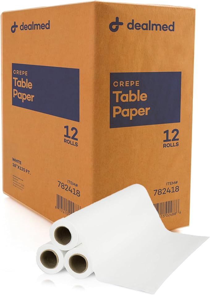 Dealmed Medical Exam Table Paper Roll | Disposable Covers for Doctors, Physicians, Diaper Changing, Waxing, Chiropractor, Tracing, Drawing, Coloring | Crepe, White, 18" x 125', 12 Rolls/Case
