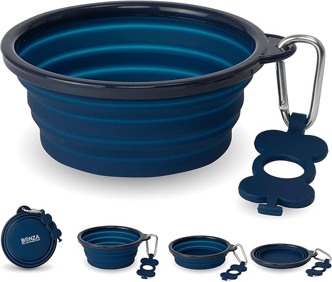 Bonza Collapsible Dog Bowls - 2 Pack, Small 12 oz, Dog Travel Accessories, Silicone Portable Dogs Bowl & Water Dish with Reinforced Rim & Carabiner for Hiking, Camping, and Car Trips, Navy Blue