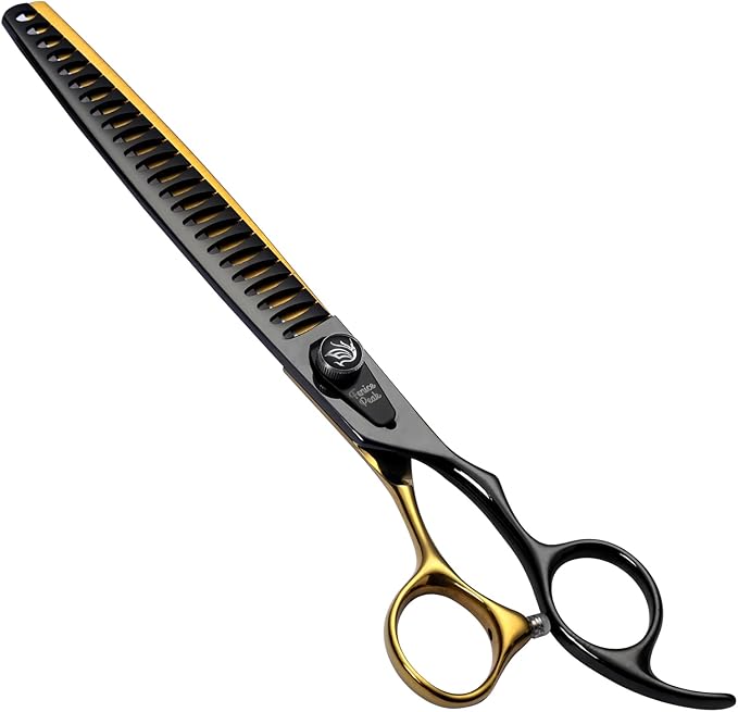 Fenice Peak 7'' Black Dog Grooming Scissors Goldern Chunker Dog Blending Scissors with Ergonomic Offest Handle and Pattern Screw Pet Grooming Thinner Blender Shears Durable and Sharp 440C