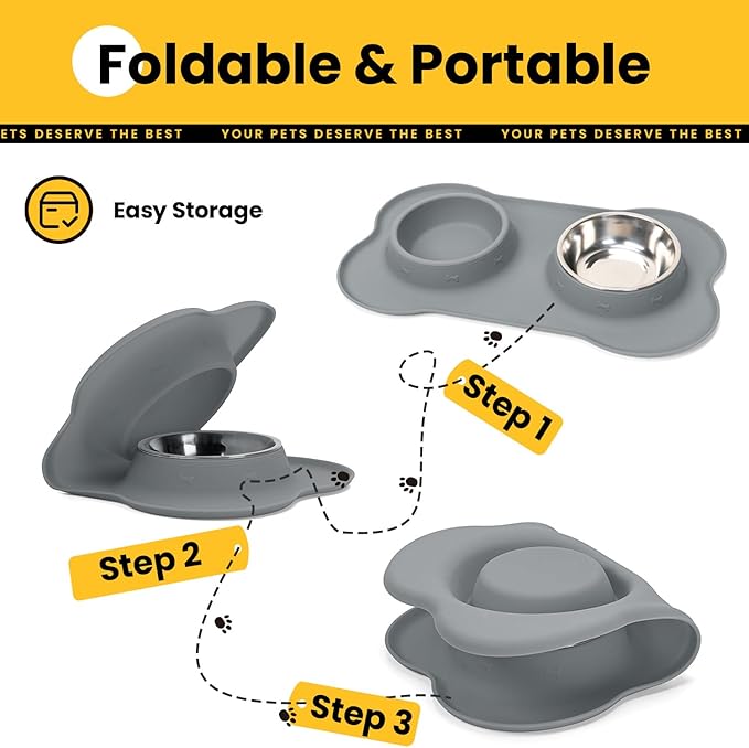 Medium Pet Feeding Station, 29oz Stainless Steel Dog Bowls Set, No Spill Food & Water Dishes with Non Slip Silicone Mat for Breeds Up to 55 Lbs, Grey